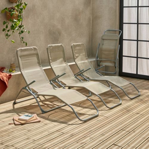 Lot De 4 Bains De Soleil Pliants - Levito Taupe - Transats Textilène 2 Positions. Chaises Longues