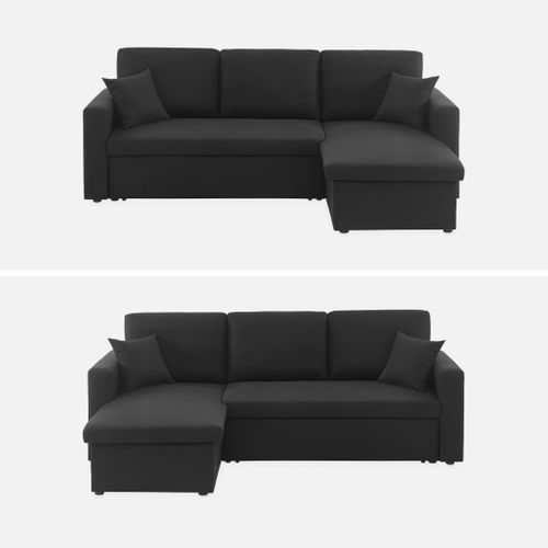 Canapé D'angle Convertible En Tissu Noir - Ida - 3 Places. Fauteuil D'angle Réversible Coffre