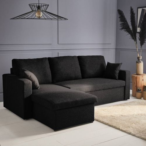 Canapé D'angle Convertible En Tissu Noir - Ida - 3 Places. Fauteuil D'angle Réversible Coffre
