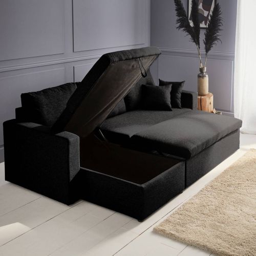 Canapé D'angle Convertible En Tissu Noir - Ida - 3 Places. Fauteuil D'angle Réversible Coffre