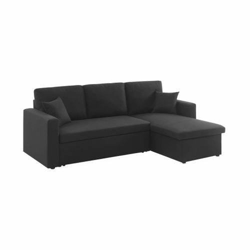 Canapé D'angle Convertible En Tissu Noir - Ida - 3 Places. Fauteuil D'angle Réversible Coffre