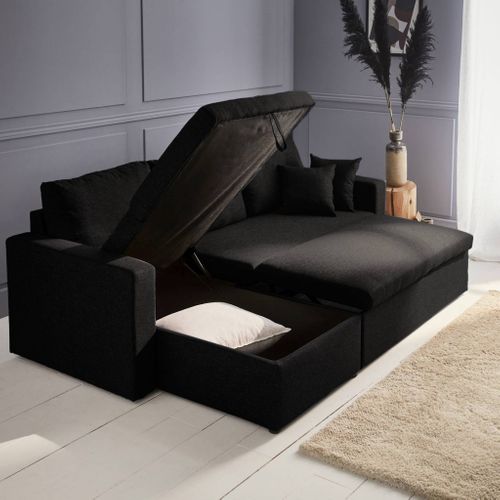 Canapé D'angle Convertible En Tissu Noir - Ida - 3 Places. Fauteuil D'angle Réversible Coffre