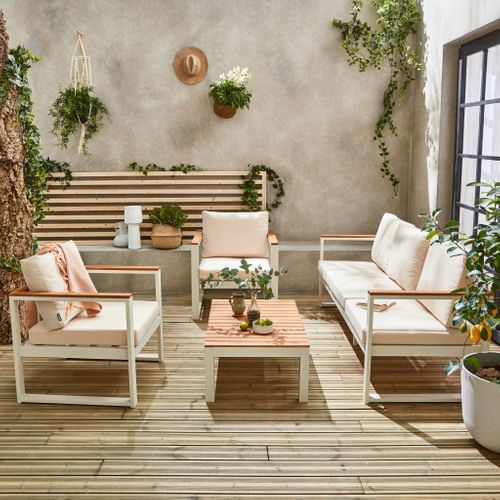 Salon De Jardin 5 Places En Aluminium Et Eucalyptus – Nazca – Structure Blanche. Coussins Beiges