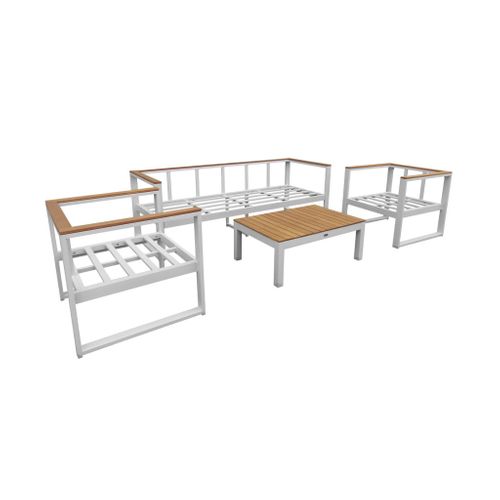 Salon De Jardin 5 Places En Aluminium Et Eucalyptus – Nazca – Structure Blanche. Coussins Beiges