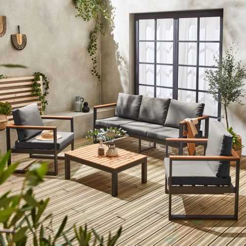Salon De Jardin 5 Places En Aluminium Et Eucalyptus – Nazca – Structure Noire. Coussins Gris Foncé