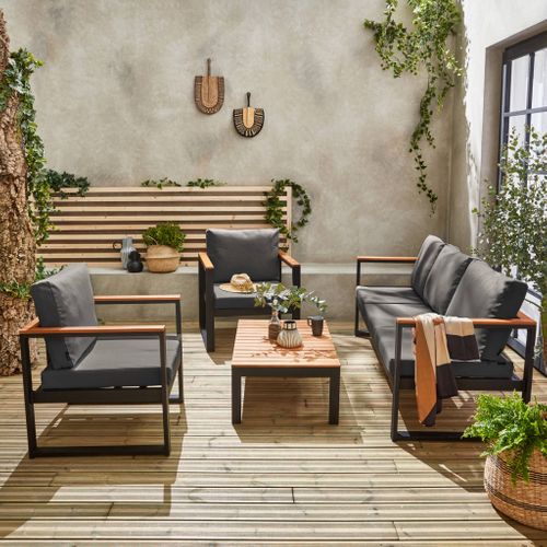 Salon De Jardin 5 Places En Aluminium Et Eucalyptus – Nazca – Structure Noire. Coussins Gris Foncé