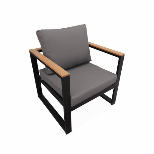 Salon De Jardin 5 Places En Aluminium Et Eucalyptus – Nazca – Structure Noire. Coussins Gris Foncé