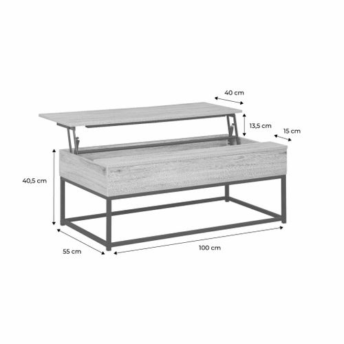 Table Basse. Loft. 1 Plateau Relevable. Deux Espaces De Rangement. L 100 Cm X L 55 Cm X H 40.5 Cm