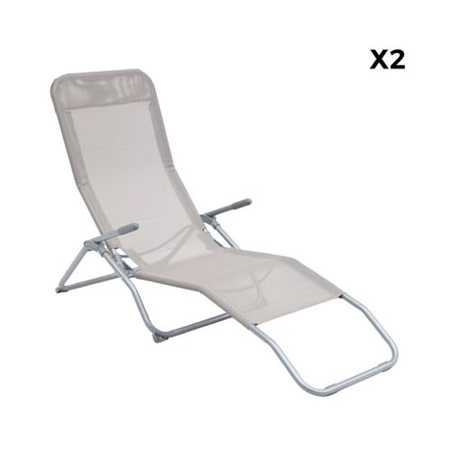 Lot De 2 Bains De Soleil Pliants - Levito Gris Taupe- Transats Textilène 2 Positions. Chaises