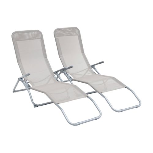 Lot De 2 Bains De Soleil Pliants - Levito Gris Taupe- Transats Textilène 2 Positions. Chaises