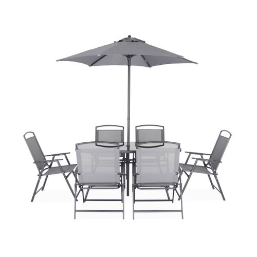 Table De Jardin Acier Avec Parasol + 6 Assises. Anthracite. Structure Acier Avec Revêtement Anti