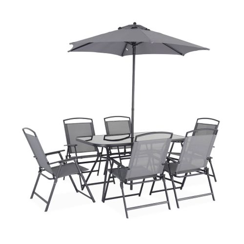 Table De Jardin Acier Avec Parasol + 6 Assises. Anthracite. Structure Acier Avec Revêtement Anti