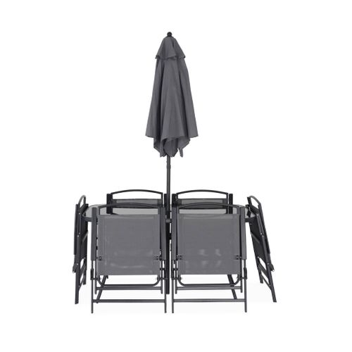 Table De Jardin Acier Avec Parasol + 6 Assises. Anthracite. Structure Acier Avec Revêtement Anti