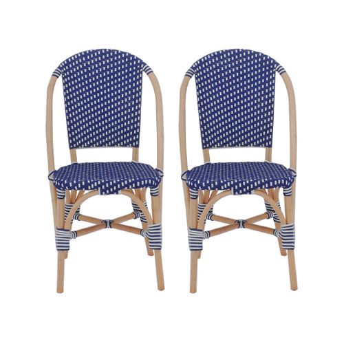 Lot De 2 Chaises Empilables Bistrot En Rotin Et Polyrotin Bleu Et Blanc. L 48 X P 58 X H 90cm