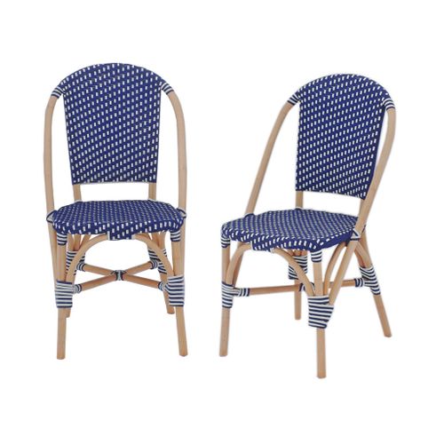 Lot De 2 Chaises Empilables Bistrot En Rotin Et Polyrotin Bleu Et Blanc. L 48 X P 58 X H 90cm