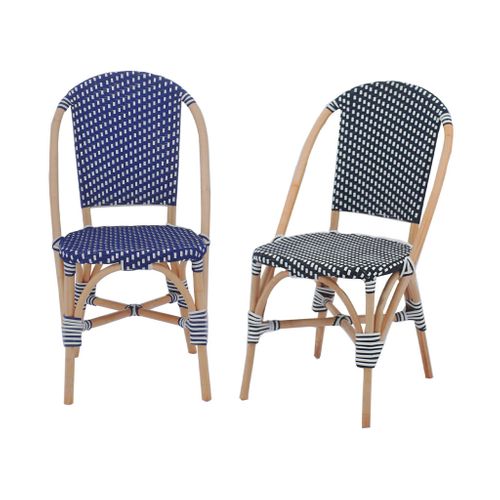 Lot De 2 Chaises Empilables Bistrot En Rotin Et Polyrotin Bleu Et Blanc. L 48 X P 58 X H 90cm