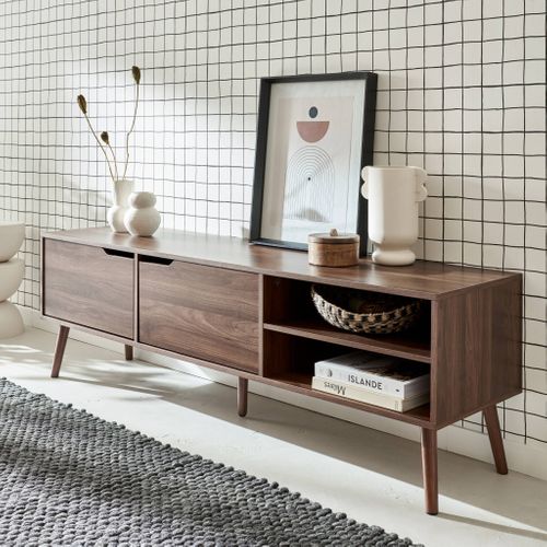 Meuble TV Blanc Effet Noyer 160x40x31cm | 2 Portes De Rangement | Panneau Particules | Style Moderne Salon