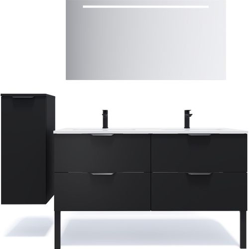 Meuble De Salle De Bain Double Vasque 140cm 4 Tiroirs Noir + Miroir - Soho