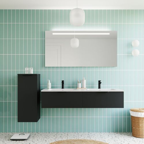 Ensemble Salle De Bain Double Vasque 140cm 2 Tiroirs Noir + Miroir + Colonne Gauche - Soho