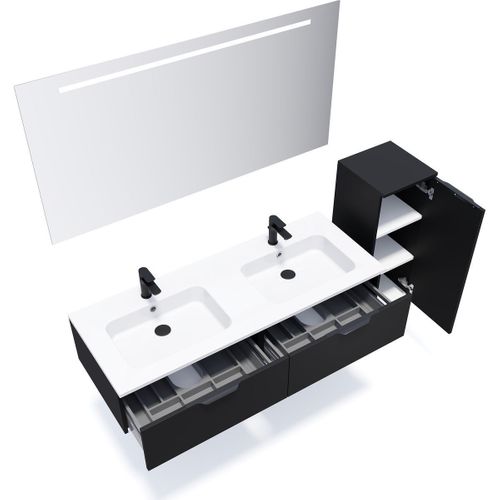 Ensemble Salle De Bain Double Vasque 140cm 2 Tiroirs Noir + Miroir + Colonne Droite - Soho