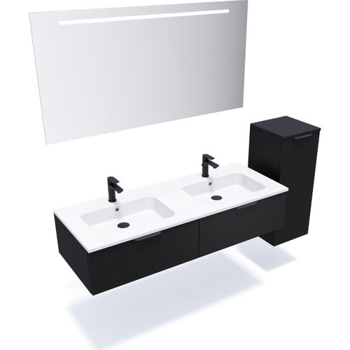 Ensemble Salle De Bain Double Vasque 140cm 2 Tiroirs Noir + Miroir + Colonne Droite - Soho