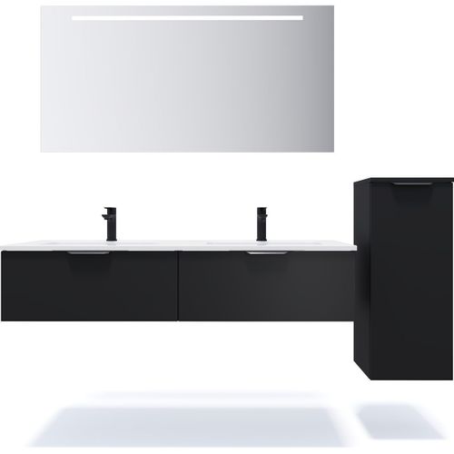 Ensemble Salle De Bain Double Vasque 140cm 2 Tiroirs Noir + Miroir + Colonne Droite - Soho