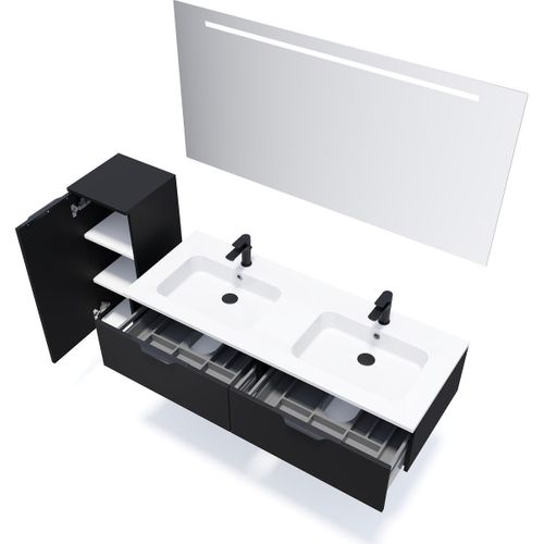 Meuble De Salle De Bain Double Vasque 140cm 2 Tiroirs Noir + Miroir - Soho