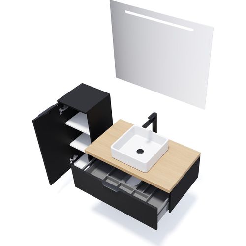 Meuble De Salle De Bain Vasque Posée 90cm 1 Tiroir Noir + Miroir - Soho