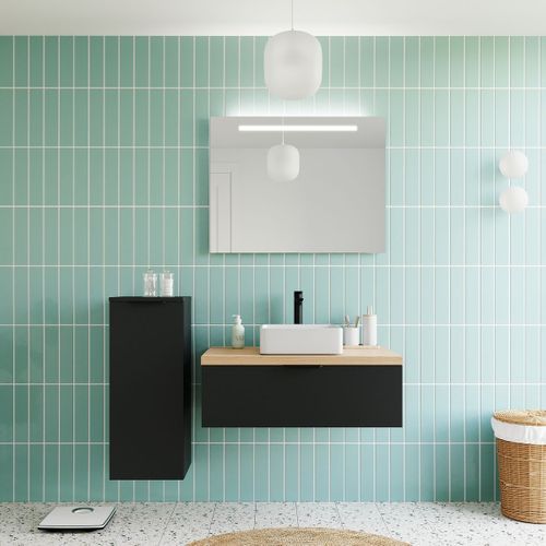 Meuble De Salle De Bain Vasque Posée 90cm 1 Tiroir Noir + Miroir - Soho