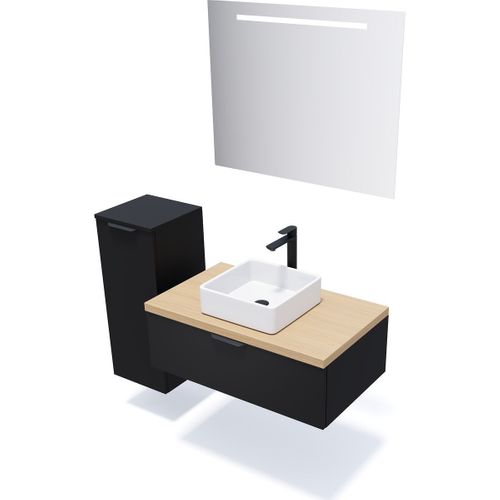 Meuble De Salle De Bain Vasque Posée 90cm 1 Tiroir Noir + Miroir - Soho