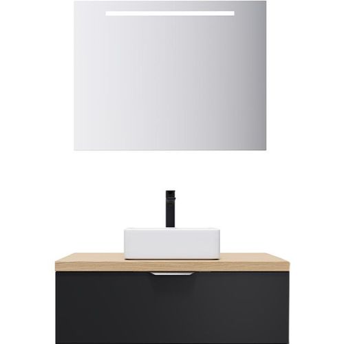 Meuble De Salle De Bain Vasque Posée 90cm 1 Tiroir Noir + Miroir - Soho