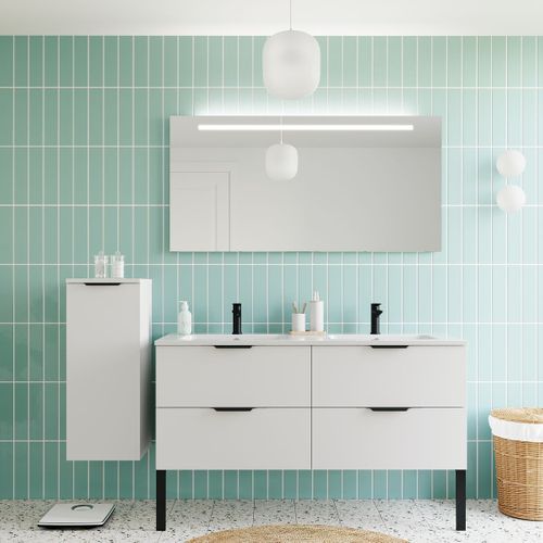 Meuble De Salle De Bain Double Vasque 140cm 4 Tiroirs Blanc + Miroir - Soho