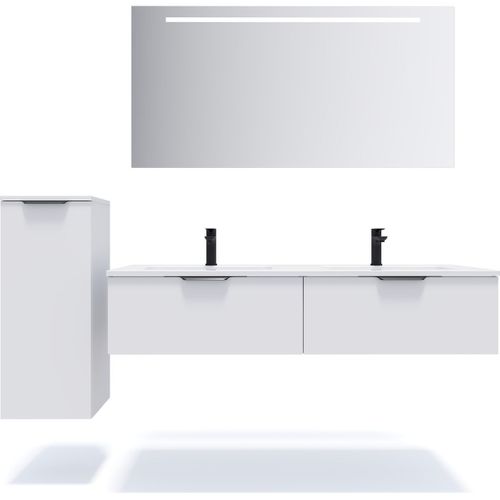 Ensemble Salle De Bain Double Vasque 140cm 2 Tiroirs Blanc + Miroir + Colonne Gauche - Soho