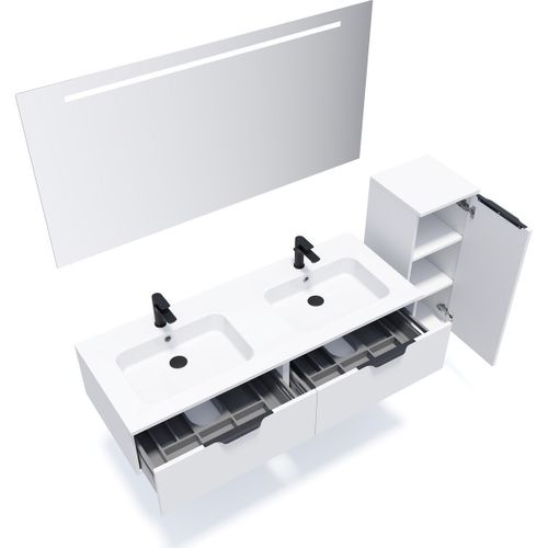 Ensemble Salle De Bain Double Vasque 140cm 2 Tiroirs Blanc + Miroir + Colonne Droite - Soho