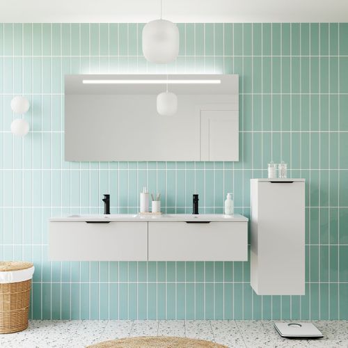 Ensemble Salle De Bain Double Vasque 140cm 2 Tiroirs Blanc + Miroir + Colonne Droite - Soho