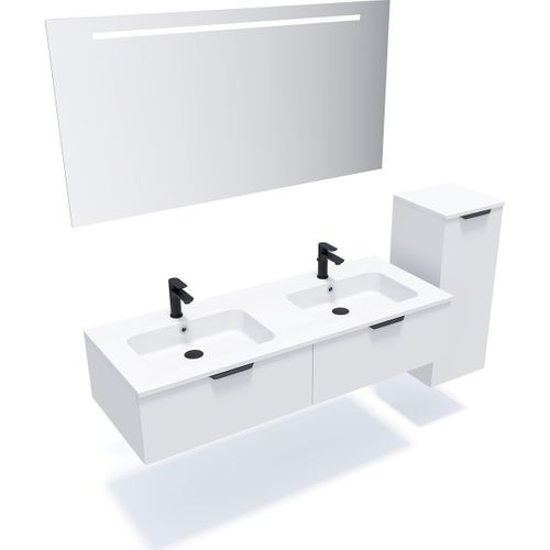Ensemble Salle De Bain Double Vasque 140cm 2 Tiroirs Blanc + Miroir + Colonne Droite - Soho