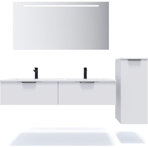 Ensemble Salle De Bain Double Vasque 140cm 2 Tiroirs Blanc + Miroir + Colonne Droite - Soho