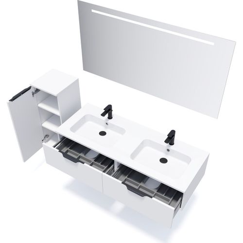 Meuble De Salle De Bain Double Vasque 140cm 2 Tiroirs Blanc + Miroir - Soho
