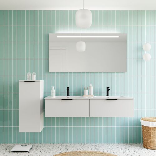 Meuble De Salle De Bain Double Vasque 140cm 2 Tiroirs Blanc + Miroir - Soho