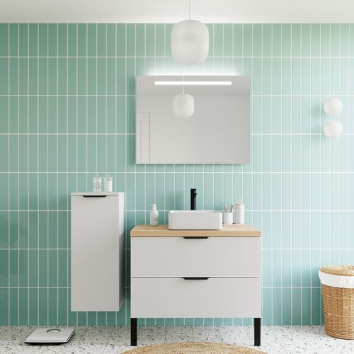 Ensemble Salle De Bain Vasque Posée 90cm 2 Tiroirs Blanc + Miroir + Colonne Gauche - Soho