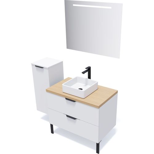 Ensemble Salle De Bain Vasque Posée 90cm 2 Tiroirs Blanc + Miroir + Colonne Gauche - Soho