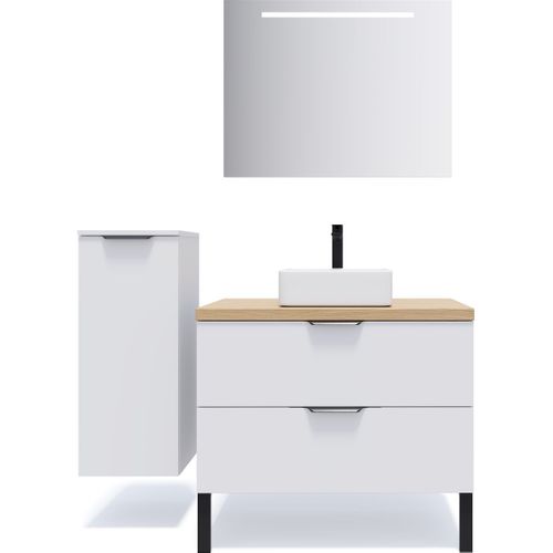 Ensemble Salle De Bain Vasque Posée 90cm 2 Tiroirs Blanc + Miroir + Colonne Gauche - Soho