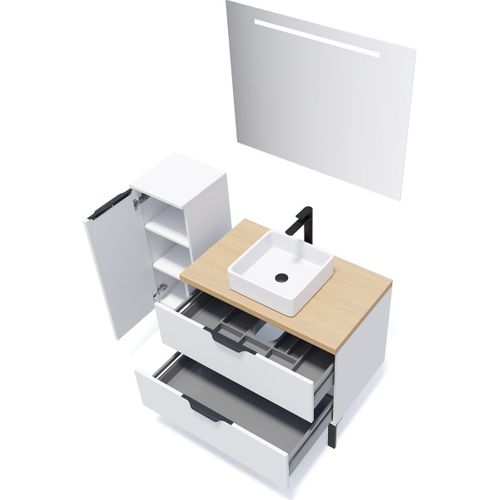 Meuble De Salle De Bain Vasque Posée 90cm 2 Tiroirs Blanc + Miroir - Soho