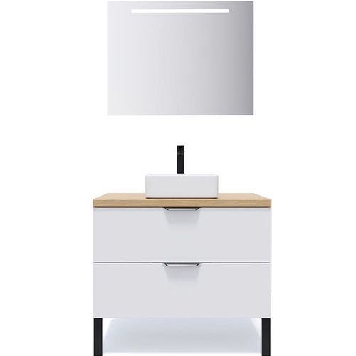 Meuble De Salle De Bain Vasque Posée 90cm 2 Tiroirs Blanc + Miroir - Soho