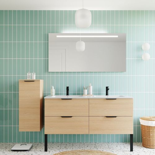 Meuble De Salle De Bain Double Vasque 140cm 4 Tiroirs Chêne + Miroir - Soho
