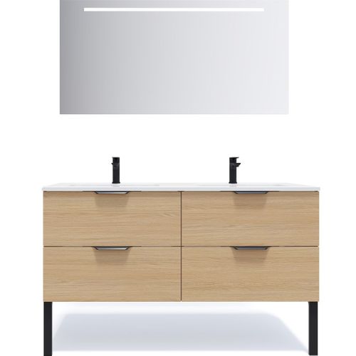 Meuble De Salle De Bain Double Vasque 140cm 4 Tiroirs Chêne + Miroir - Soho