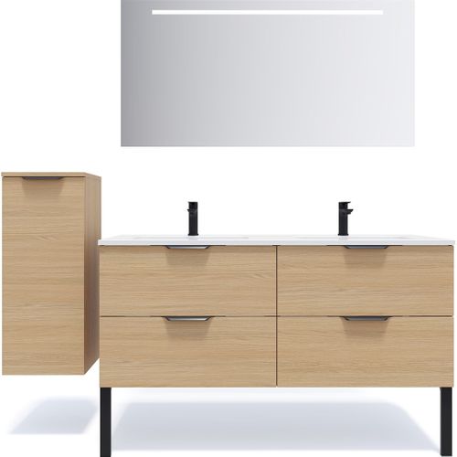 Meuble De Salle De Bain Double Vasque 140cm 4 Tiroirs Chêne + Miroir - Soho