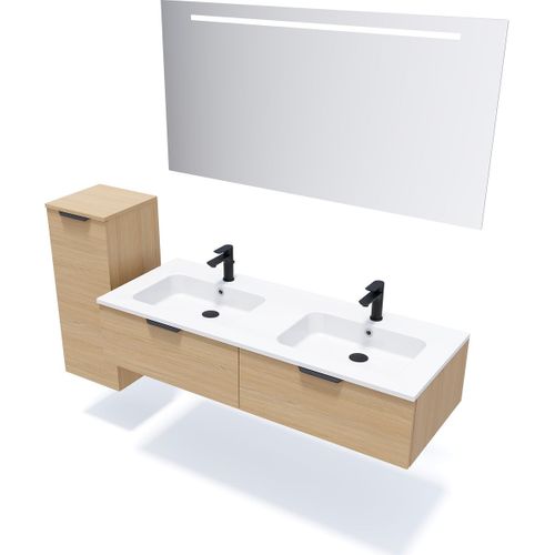 Ensemble Salle De Bain Double Vasque 140cm 2 Tiroirs Chêne + Miroir + Colonne Gauche - Soho