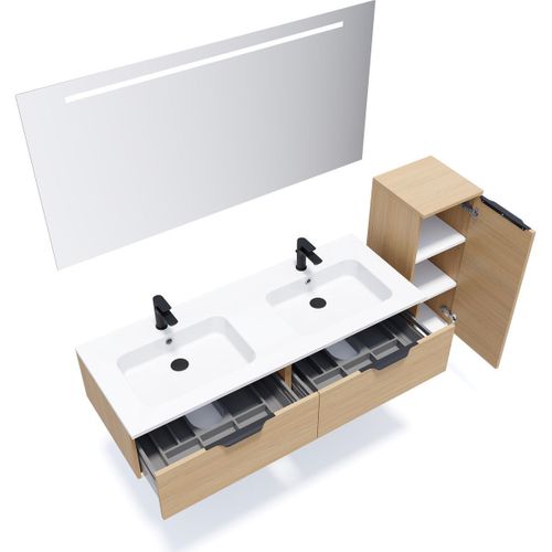 Ensemble Salle De Bain Double Vasque 140cm 2 Tiroirs Chêne + Miroir + Colonne Droite - Soho