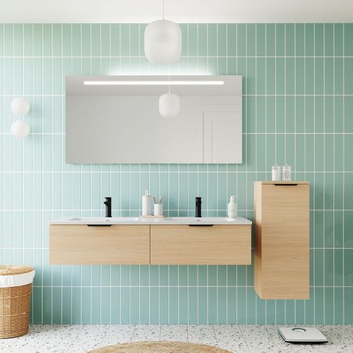 Ensemble Salle De Bain Double Vasque 140cm 2 Tiroirs Chêne + Miroir + Colonne Droite - Soho